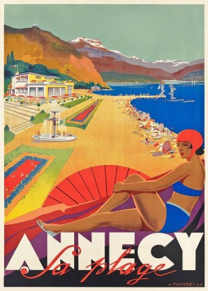 Vintage travel poster for Annecy La plage